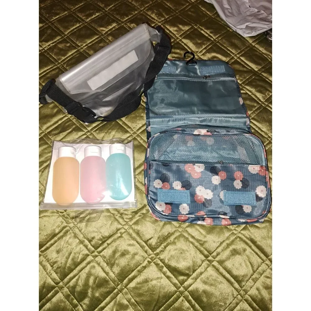 NEW Tri-fold Toiletry Travel Bag with plastic bottles and waterproof shower bag